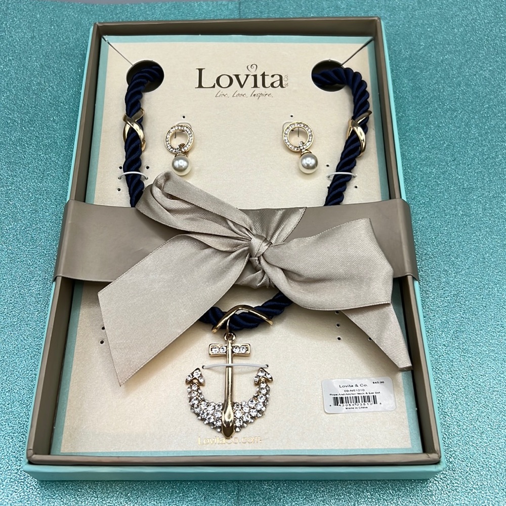 Lovita & Co. Navy Blue Rope and Anchor with Rhinestones Set NWT